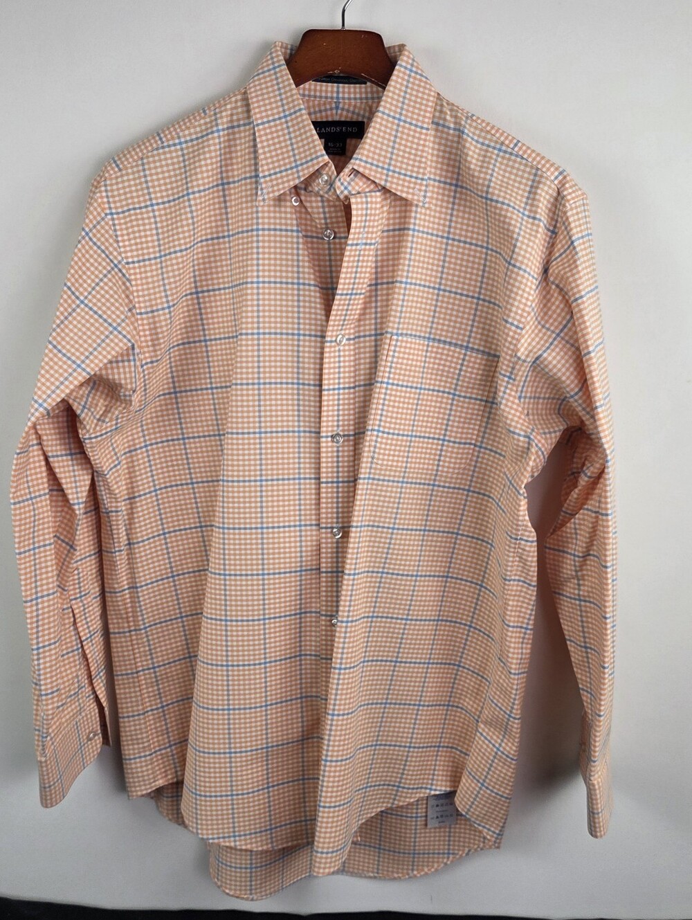 Lands End Original Oxford Shirt Mens 16 33 Orange Long Sleeve Button Down Check